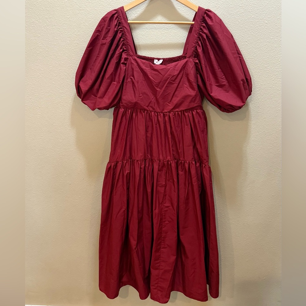 Entro Women’s Puff Sleeve Tiered Skirt Midi Dress Red Size Large - Picture 2 of 5